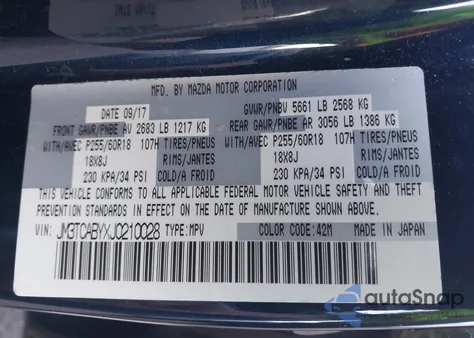 2018 Mazda Cx-9 Sport z USA, uszkodzony, nr VIN JM3TCABYXJ0210028